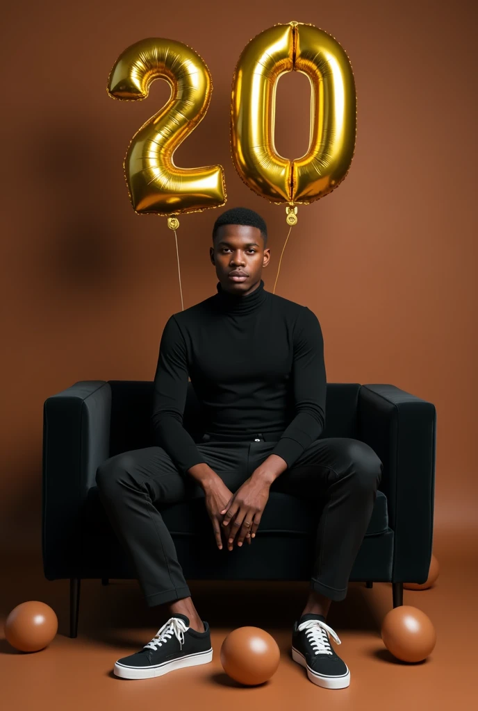 best qualityer:1.4), (ultra high resolution:1.2), (photorrealistic:1.4), (8k, CRU photo:1.2), ung man, 20 years old, thin, has thin arms, skin black, with a smooth, beardless face, with the short haircut, black long sleeve turtleneck shirt. black dress pants. black sneakers. He is sitting on a black sofa. is in a photography studio with a brown background. On the wall there are golden balloons in the shape of the number 20. The hair on top is well cut. There is no muscle in the arms. Brown baby balloons are scattered on the floor.