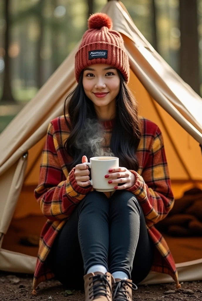 Beautiful Korean woman with clean white skin, wearing a beanie hat, wearing a red and yellow brown checkered shirt, mamaskygibs logo, black jeans, boots, sitting in front of the tent while holding a cup of hot coffee, forest background, original photo
