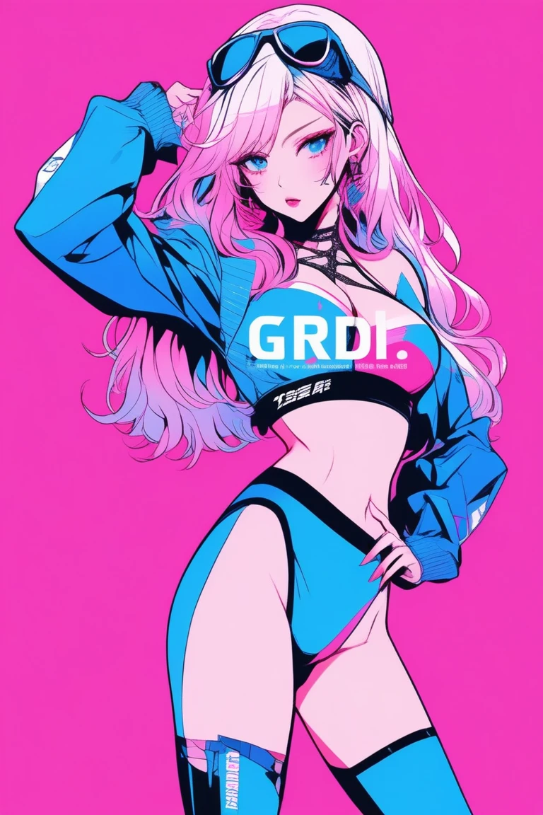 Illustrator, anime , Realistic ,sketch , 1 person, model, lip, Revealing grid girl costumes, Skimpy lace queen costume, Reveal high-leg swimwear, order, Blue and pink gradient background, Neon colored mid-length hair, Big Breasts, look back, Sexy look, Sexy pose, Texture Trim, Russia, (masterpiece,Highest quality)