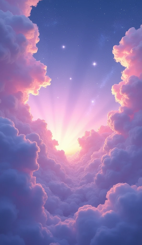 Create an ethereal and dreamlike sky filled with soft, swirling clouds that blend seamlessly into each other. The sky should feature a palette of vibrant yet calming colors, such as deep purples, soft blues, pinks, and touches of gold, creating a surreal and magical atmosphere. Stars and subtle constellations can be scattered throughout the sky, with gentle rays of light breaking through the clouds. The overall mood should evoke a sense of wonder, peace, and otherworldliness, as if the viewer is gazing into a mystical realm