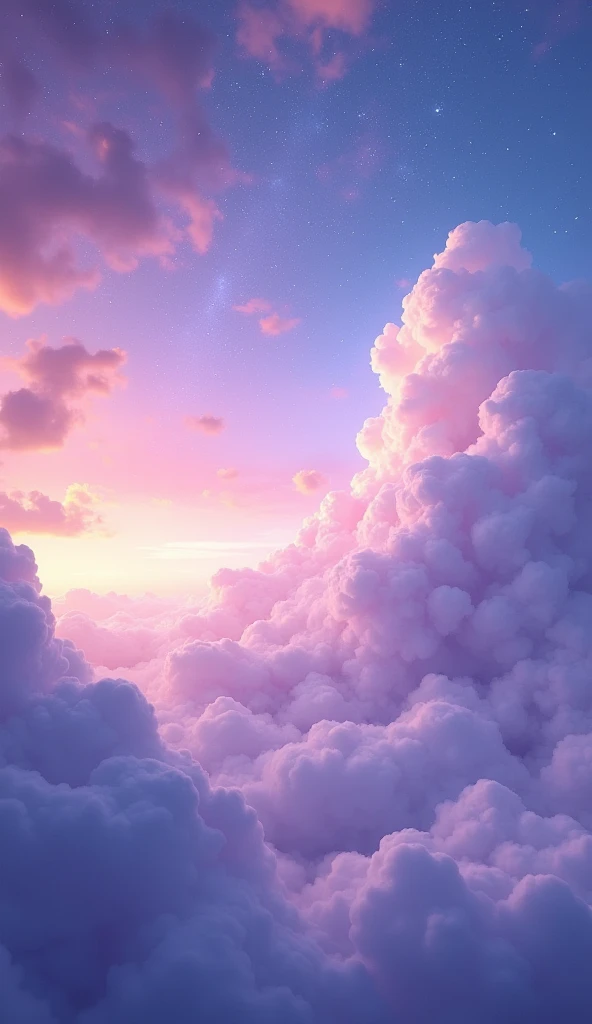 Create an ethereal and dreamlike sky filled with soft, swirling clouds that blend seamlessly into each other. The sky should feature a palette of vibrant yet calming colors, such as deep purples, soft blues, pinks, and touches of gold, creating a surreal and magical atmosphere. Stars and subtle constellations can be scattered throughout the sky, with gentle rays of light breaking through the clouds. The overall mood should evoke a sense of wonder, peace, and otherworldliness, as if the viewer is gazing into a mystical realm