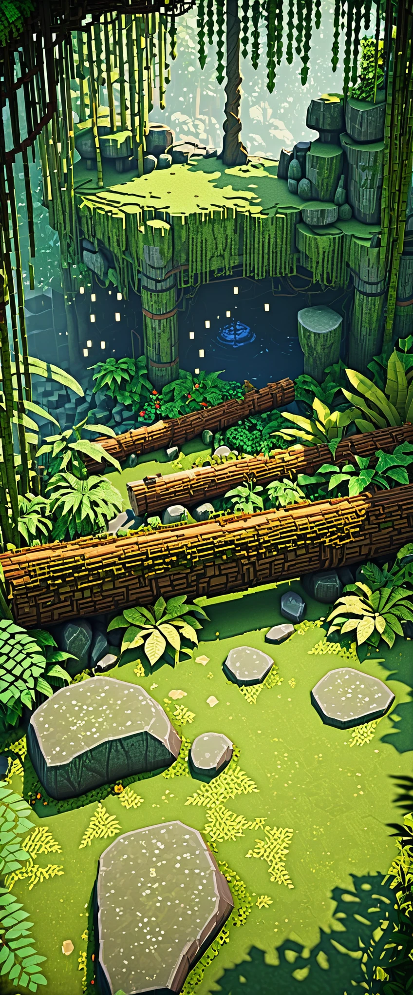 detailed jungle forest, serene atmosphere, beautiful vista, stunning landscape, dramatic lighting, warm sunlight filtering through leaves, intricate foliage patterns, mossy rocks and logs, exotic animals hidden in undergrowth, cinematic composition, pixel art, high-quality, masterpiece, intricate details, vibrant colors, natural beauty, video game 