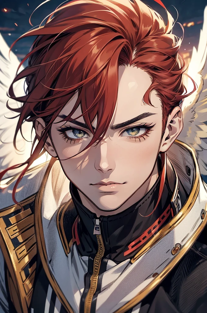 A detailed portrait of Keigo Takami (Hawks) from My Hero Academia, beautiful detailed eyes, beautiful detailed lips, extremely detailed face and features, long eyelashes, messy red hair, sharp facial features, intense gaze, feathered wings, superhero costume, dynamic action pose, detailed background, cinematic lighting, highly detailed, 8k, masterpiece, photorealistic, dramatic lighting, vivid colors, digital art