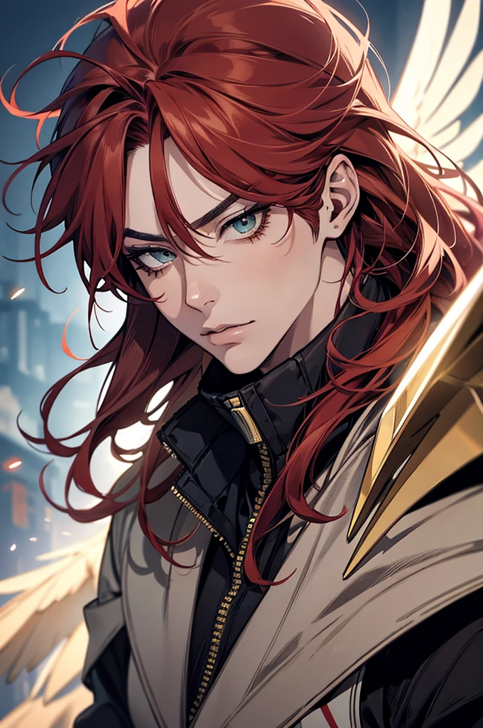 A detailed portrait of Keigo Takami (Hawks) from My Hero Academia, beautiful detailed eyes, beautiful detailed lips, extremely detailed face and features, long eyelashes, messy red hair, sharp facial features, intense gaze, feathered wings, superhero costume, dynamic action pose, detailed background, cinematic lighting, highly detailed, 8k, masterpiece, photorealistic, dramatic lighting, vivid colors, digital art