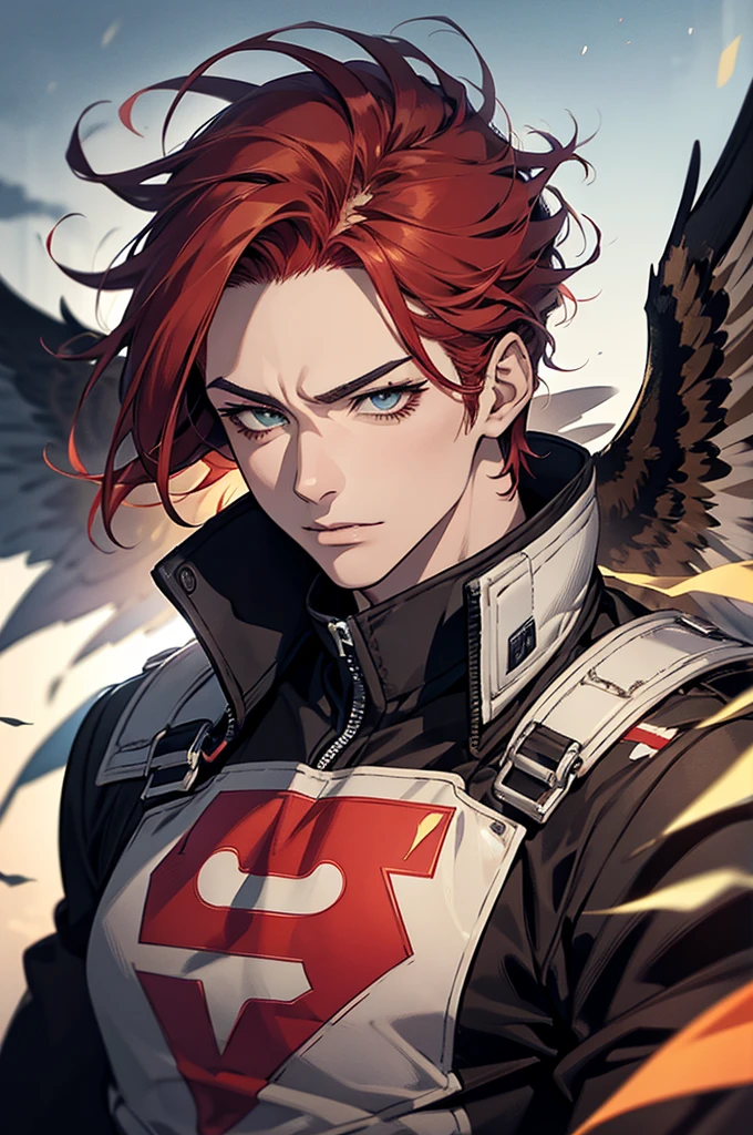 A detailed portrait of Keigo Takami (Hawks) from My Hero Academia, beautiful detailed eyes, beautiful detailed lips, extremely detailed face and features, long eyelashes, messy red hair, sharp facial features, intense gaze, feathered wings, superhero costume, dynamic action pose, detailed background, cinematic lighting, highly detailed, 8k, masterpiece, photorealistic, dramatic lighting, vivid colors, digital art