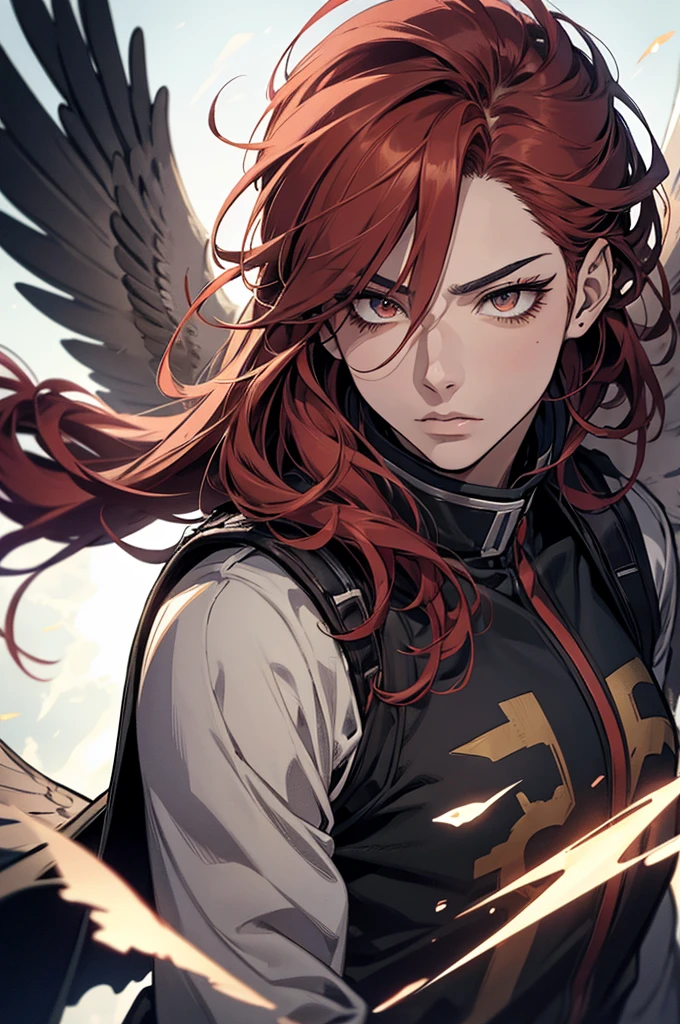 A detailed portrait of Keigo Takami (Hawks) from My Hero Academia, beautiful detailed eyes, beautiful detailed lips, extremely detailed face and features, long eyelashes, messy red hair, sharp facial features, intense gaze, feathered wings, superhero costume, dynamic action pose, detailed background, cinematic lighting, highly detailed, 8k, masterpiece, photorealistic, dramatic lighting, vivid colors, digital art