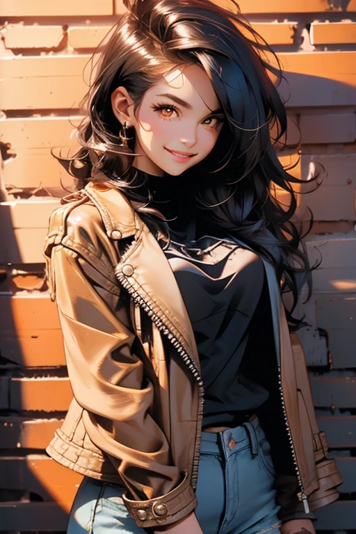Perfect face. Perfect hands. A black haired woman with orange eyes in a leather jacket and jeans is leaning against a brick wall with a big smile