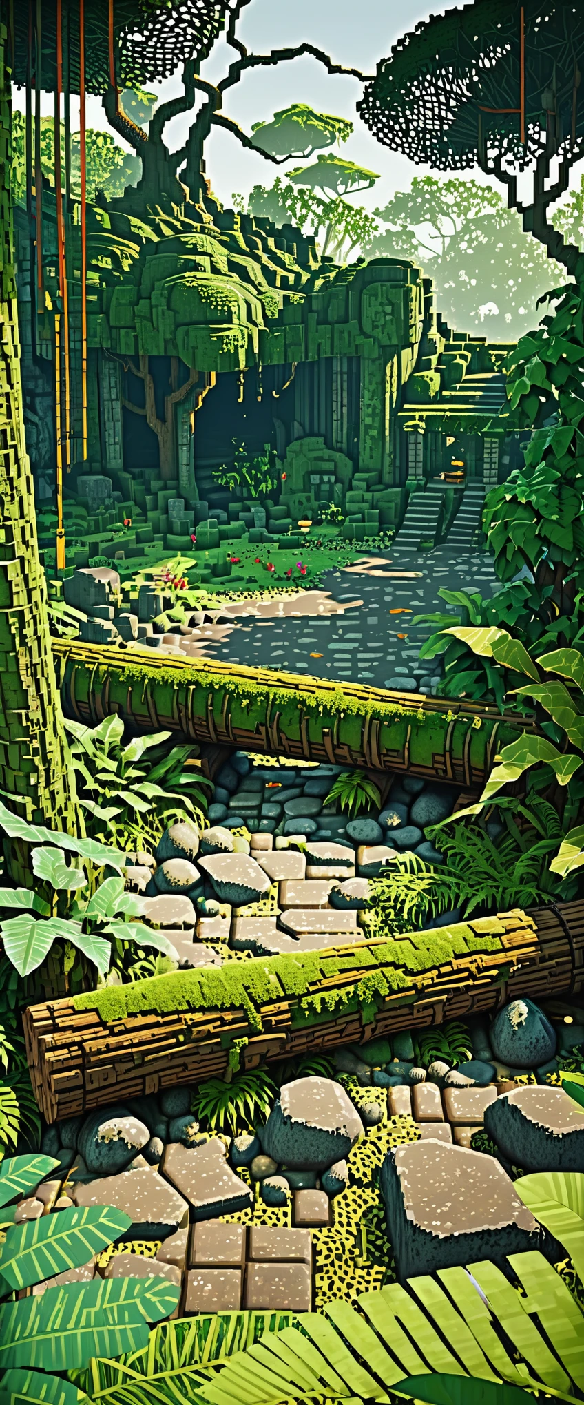 detailed jungle forest, serene atmosphere, beautiful vista, stunning landscape, dramatic lighting, warm sunlight filtering through leaves, intricate foliage patterns, mossy rocks and logs, exotic animals hidden in undergrowth, cinematic composition, pixel art, high-quality, masterpiece, intricate details, vibrant colors, natural beauty, video game 