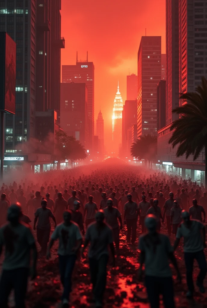 1000 zombie running crowded at klcc,tilt shift photography,cinematic. Bomb everywhere. ,highly detailed,photorealistic,8k,masterpiece,upper view.red sky. Drone footage. Burning fire building.. best quality,professional,bomb effect. Zombie apocalypse. cinematic lighting,moody atmosphere,dramatic shadows,surreal,apocalyptic,dark fantasy,subtle color palette,muted tones,grungy,eerie,unsettling,horror,dystopian
