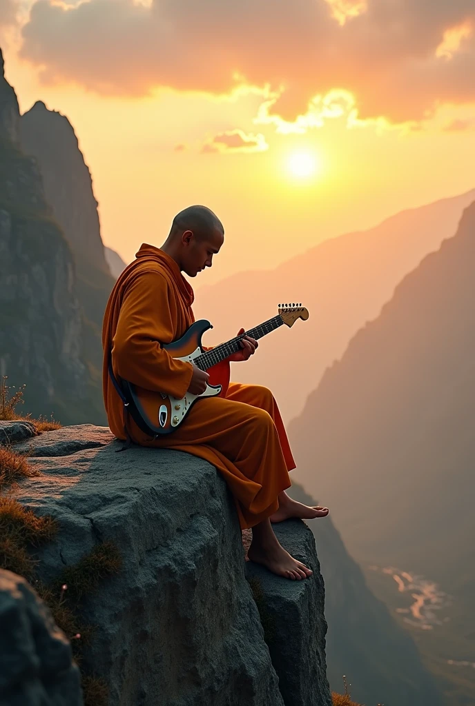 The monk plays sad rock music.