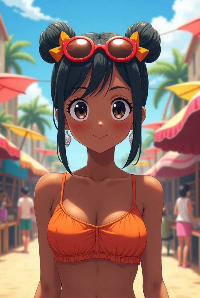 Anime girl with dark skin and dark eyes, bows 3 in front 2 in back, with orange strappy top, very small white shiny earrings and red round sunglasses 
