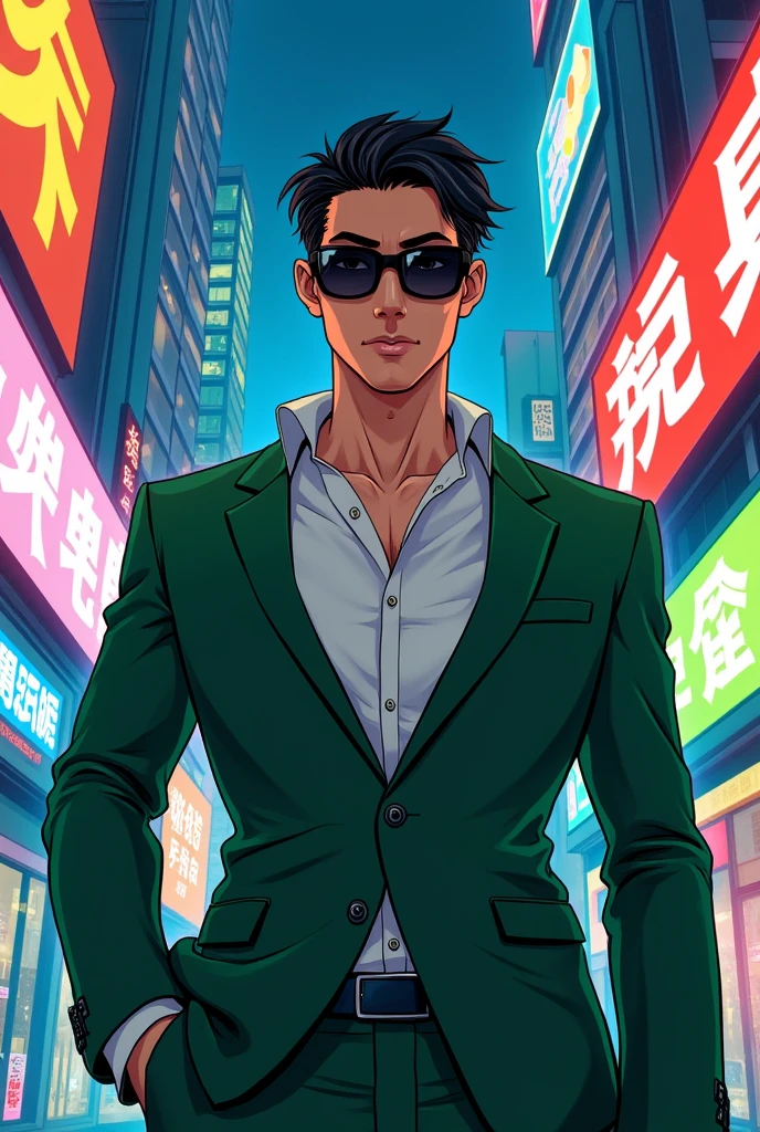 I want you to create an image of agent six from the generator rex series, a 32 year old asian guy,with green suit,White shirt,black sunglasses,black hair,in the drawing version of Bl manhua (would be the uke)