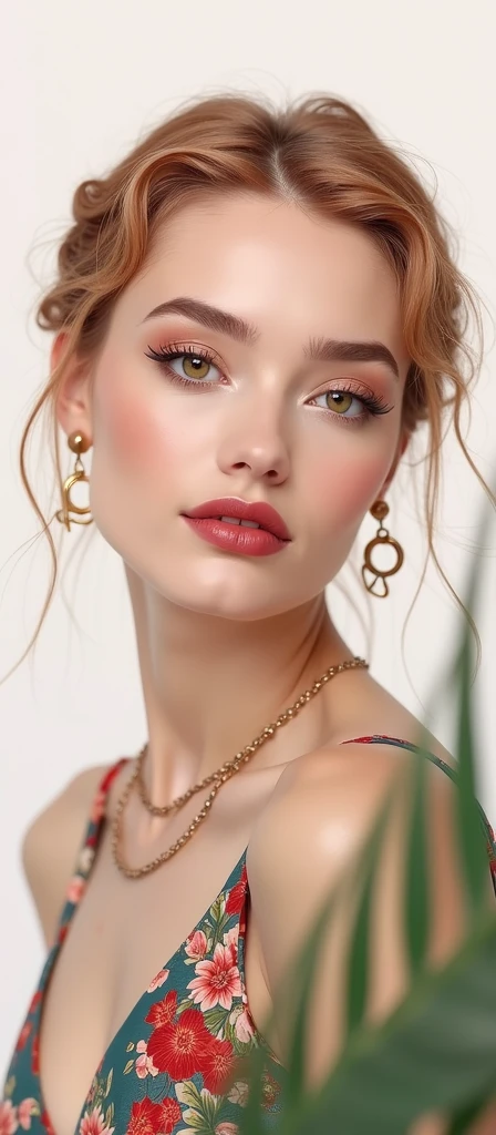 a woman with red hair, hyper-realistic skin, shiny/glossy, modern jewelry, gongbi, portraiture, dark teal and light gold, tropical landscapes, Face portrait photo oF a 21 Year-old German woman, .raw, beautiFul woman, half strawberry lips, strawberry lipstick, Fossettes, big breast, realistic legs, high heels, nostalgic look, detailed light brown eyes, great student, thin eyelashes, (Brown extra long blond hair), ((detailed Face)), ((detailed Facial Features and skin texture)), (Finely detailed skin), light brown skin, (Deep neckline detailing high-tech cyberpunk dress), Cyberpunk big city environment, (cold colors), moist, moist, reFlections, (masterpiece) (height ratio / perfect width) (photo realist) (best quality) (detailed) Shot with Canon EOS R5, ObjectiF 50mm, F/2.8, human development report, (8k) (wallpaper) (light) (Dramatic Light) (sharp focus) (complicated), sharp details, skin detail sharpness,