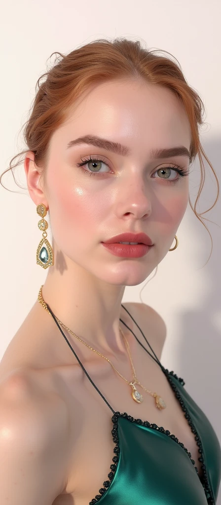 a woman with red hair, hyper-realistic skin, shiny/glossy, modern jewelry, gongbi, portraiture, dark teal and light gold, tropical landscapes, Face portrait photo oF a 21 Year-old German woman, .raw, beautiFul woman, half strawberry lips, strawberry lipstick, Fossettes, big breast, realistic legs, high heels, nostalgic look, detailed light brown eyes, great student, thin eyelashes, (Brown extra long blond hair), ((detailed Face)), ((detailed Facial Features and skin texture)), (Finely detailed skin), light brown skin, (Deep neckline detailing high-tech cyberpunk dress), Cyberpunk big city environment, (cold colors), moist, moist, reFlections, (masterpiece) (height ratio / perfect width) (photo realist) (best quality) (detailed) Shot with Canon EOS R5, ObjectiF 50mm, F/2.8, human development report, (8k) (wallpaper) (light) (Dramatic Light) (sharp focus) (complicated), sharp details, skin detail sharpness, 