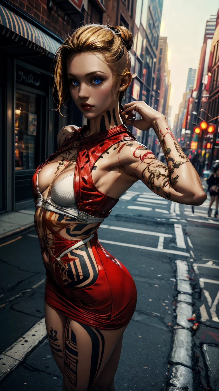 full body portrait, wide angle, a woman in her late 30s, various modeling poses,slim_soft_and_slender build, (very low set breasts:1.4), (small bust:1.4), bodycon dress (red:1.4), honey blonde hair in a messy bun, 8k,masterpiece,strong detailed,vivid colors,extremely detailed tattoos,extremely detailed face and body, perfect posing, perfect anatomy, masseffectembed, crowded NYC street