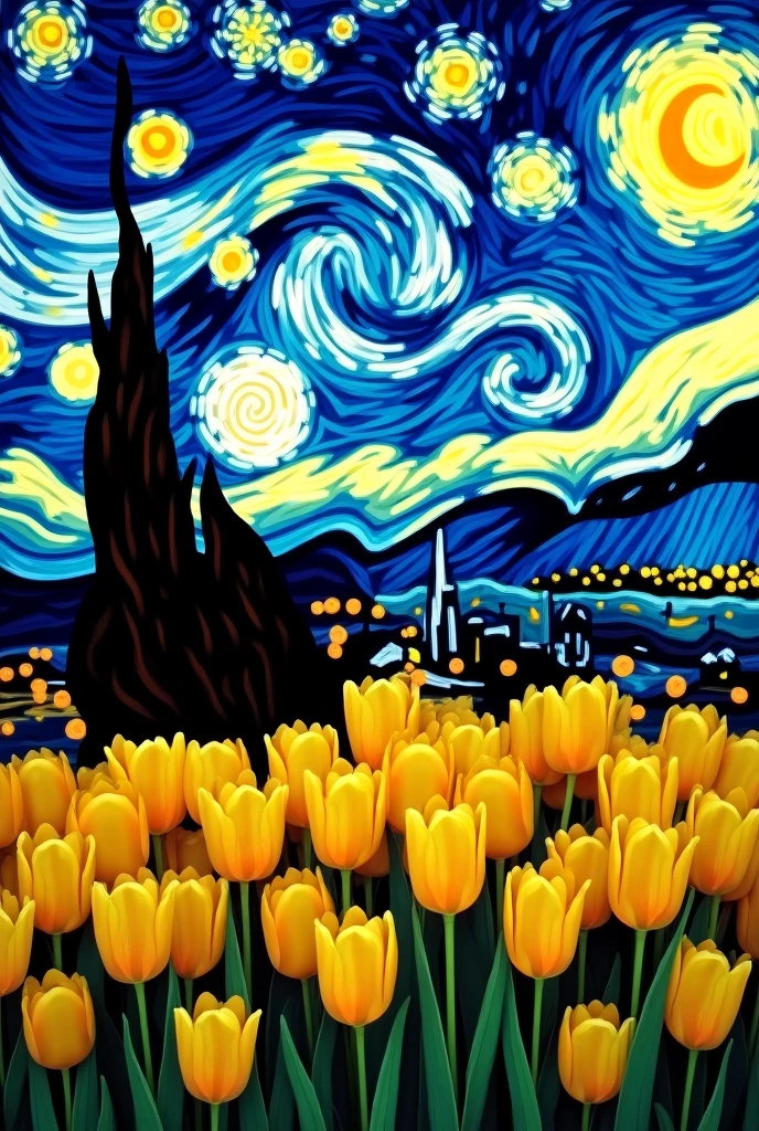 Create an image of Van Gogh&#39;s Starry Night with some yellow tulips in front 