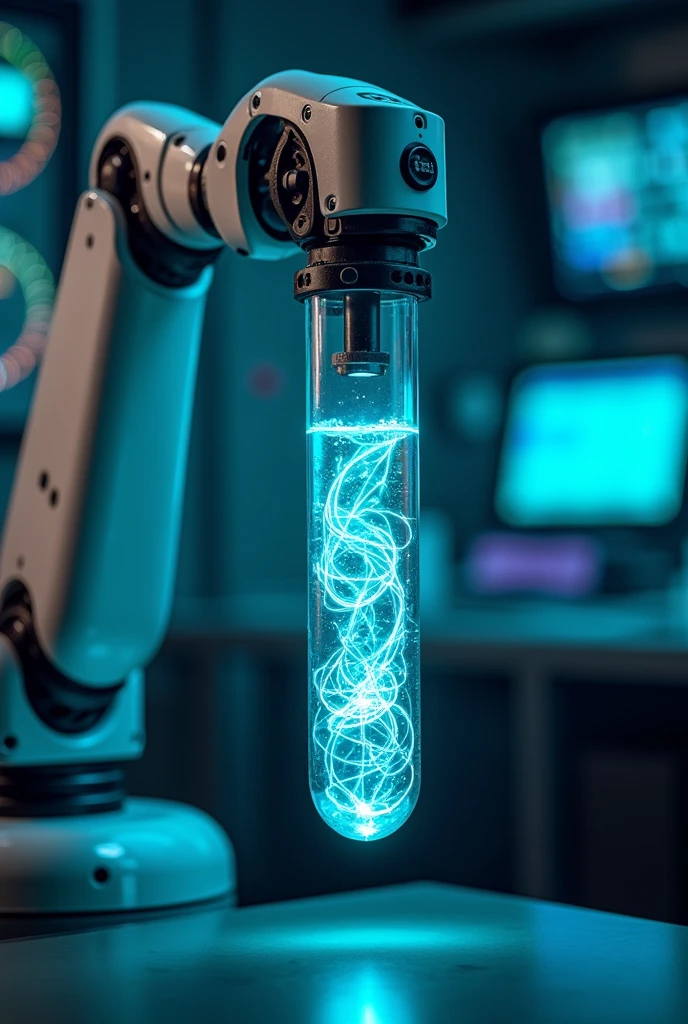 2D image of a test tube with ions inside, being held by a mechanical laboratory arm