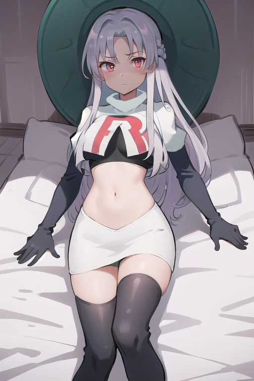 best quality, (masterpiece:1.2), illustration, absurdres,
(1girl, solo), (beautiful detailed girl),
Aeolia, lilac hair, long hair, red eyes, medium breasts,
green hat, hat with feather ornament, team rocket,team rocket uniform,white skirt,red letter R,crop top,black thigh-highs,black elbow gloves
looking at viewer,