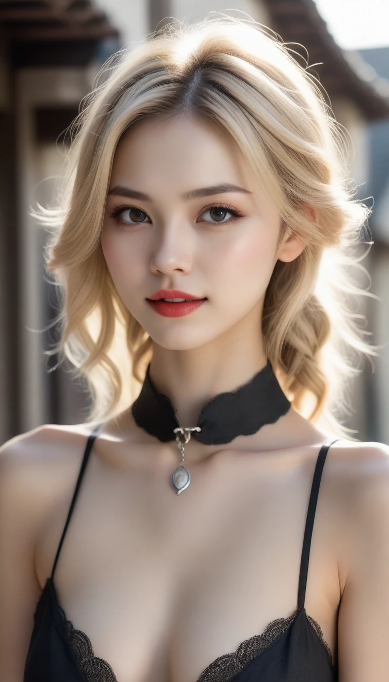 8k, Ultra-high resolution, Highest quality, masterpiece, Rule of thirds photograph,surreal, photograph, 1 Girl, (:1.3), pretty girl, Cute Face, Beautiful Eyes in Every Detail, Detailed,masterpiece,One Girl:1.2,Japanese female announcer,cowboy shot,grin,Blonde hair,Updo hairstyle,((vampire:1.4)),I can see the fangs, Natural skin texture、(Luxurious dress clothing from Medieval Europe:1.4)、(Colorful costumes:1.4)、Attractive girl、、(Perfect female body:1.4)、(Portrait photograph:1.4)、(Photorealistic images:1.4),Medieval streetscape,(Beautiful Face:1.4),Beautiful and attractive eyes、Beautiful Eyes、(Tight waist:1.4)、(Beautiful girl with perfect body proportions:1.4),Red lips,(choker:1.4),Looking at the audience,(((Ideal body type))),A-cup small breasts :2,、Portraiture:2、Perfect Anatomy、Vividly detailed、detailed,Fashion magazine cover,Thin lips,Gray background ,Perfect and beautiful face ,Perfect and cute face, Skin with attention to detail, Perfect limbs、Narrow waist,Looking at the audience,(((Ideal body type))),A cup small breasts :2,Portraiture:2,Perfect Anatomy,Vividly detailed,detailed,surreal,Light and shadow,moonlight