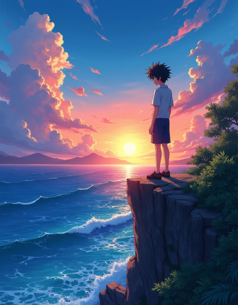 The image shows a young male anime character contemplating the ocean at sunrise, with a backdrop of a vibrant blue sky and red and orange hues from the sun.
