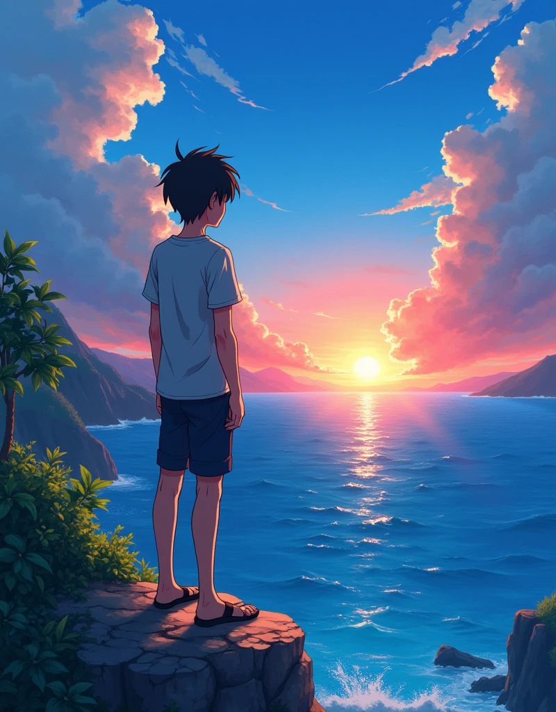 The image shows a young male anime character contemplating the ocean at sunrise, with a backdrop of a vibrant blue sky and red and orange hues from the sun.