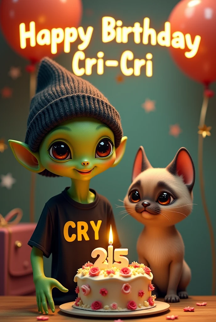 small green male smiling alien with cute face, dressed in a black beanie and a black t-shirt with the name CRY on it and carrying a 25th birthday cake with intricate, animated details, accompanied by a bald Egyptian cat and a pug dog, and with the text at the top happy birthday Cri Cri