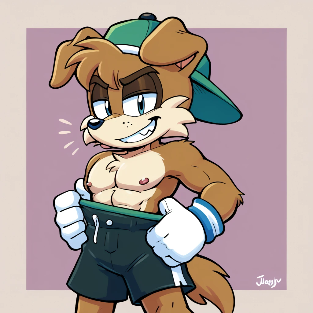 The Russian dog character from Looney Tunes, typically identified as a burly, tough-looking dog with a Russian accent, often portrayed as a loyal and somewhat dim-witted henchman. He has a muscular build, a large snout, and a stern expression. His fur is a dark brown, and he often wears a traditional Russian-style hat, but in this case, he’s wearing black shorts instead of his usual attire. The shorts are simple, fitting snugly around his waist, giving him a more casual look compared to his usual heavy clothing. The contrast between his serious demeanor and the relaxed shorts adds a humorous touch to his appearance.