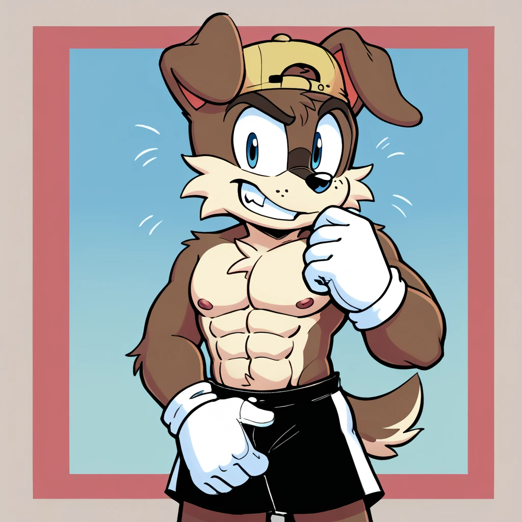 The Russian dog character from Looney Tunes, typically identified as a burly, tough-looking dog with a Russian accent, often portrayed as a loyal and somewhat dim-witted henchman. He has a muscular build, a large snout, and a stern expression. His fur is a dark brown, and he often wears a traditional Russian-style hat, but in this case, he’s wearing black shorts instead of his usual attire. The shorts are simple, fitting snugly around his waist, giving him a more casual look compared to his usual heavy clothing. The contrast between his serious demeanor and the relaxed shorts adds a humorous touch to his appearance.