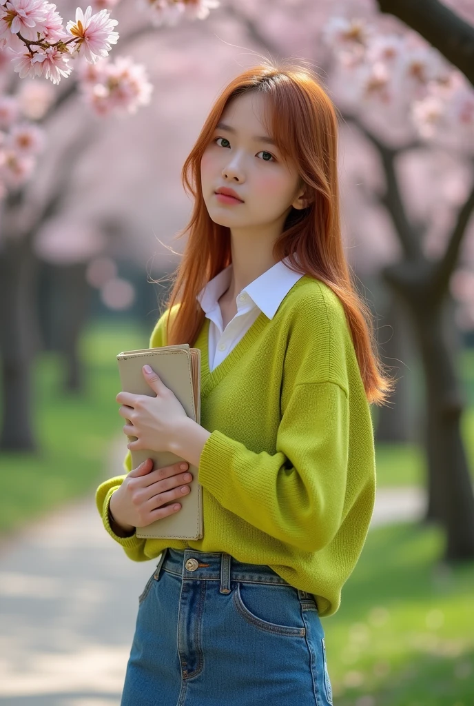 (realisitic) an adult woman, She has straight light red, almost brown hair, bangss, white skin and green eyes. She is wearing a denim skirt, white shirt and lime green sweater. She has a sad expression and carries a diary in her hand.. She is in a Japanese park.