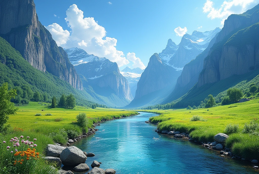 ((best qualityer)), ((work of art)), (detailded), a river runs down the rocky mountains, there are lush green fields, linda paisagem natural, high resolution quality