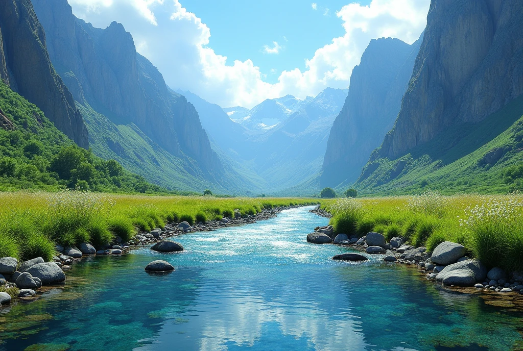 ((best qualityer)), ((work of art)), (detailded), a river runs down the rocky mountains, there are lush green fields, linda paisagem natural, high resolution quality