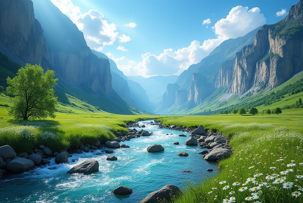 ((best qualityer)), ((work of art)), (detailded), a river runs down the rocky mountains, there are lush green fields, linda paisagem natural, high resolution quality