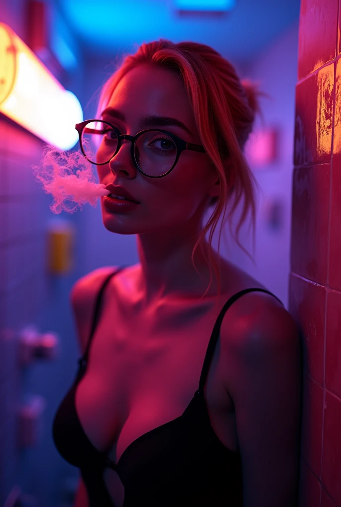 sexy sweaty margot robbie with glasses as a redhead with a low ponytail, with seductive look, mouth slightly open wanting to give a blowjob, around blue red and violet neon lights in the bathroom of a bar smoking weed
