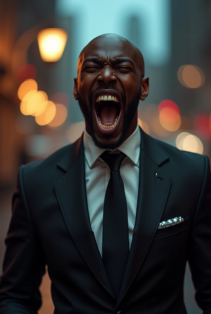 Realistic Black and bald man, using an expensive suit screaming and looking te me