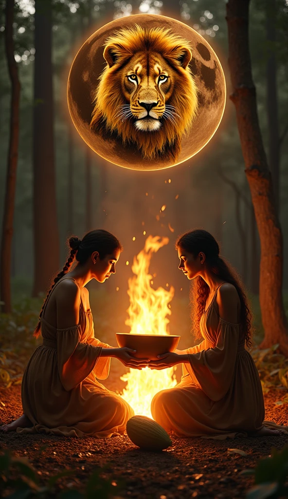 "In a mystical scene in the forest at sunset, two women dressed in flowing, elegant outfits kneel in the center, holding between them a large bronze bowl of cocoa They look into their own hearts which expand in golden light. High in the sky a black full moon with the majestic head of an ethereal golden lion. Ao fundo, a blazing bonfire illuminates the surroundings, reinforcing the ceremonial and magical atmosphere. Several women are around the bonfire with subtlety. A large cocoa fruit is below the lion"