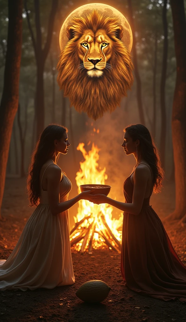 "In a mystical scene in the forest at sunset, two women dressed in flowing, elegant outfits kneel in the center, holding between them a large bronze bowl of cocoa They look into their own hearts which expand in golden light. High in the sky a black full moon with the majestic head of an ethereal golden lion. Ao fundo, a blazing bonfire illuminates the surroundings, reinforcing the ceremonial and magical atmosphere. Several women are around the bonfire with subtlety. A large cocoa fruit is below the lion"