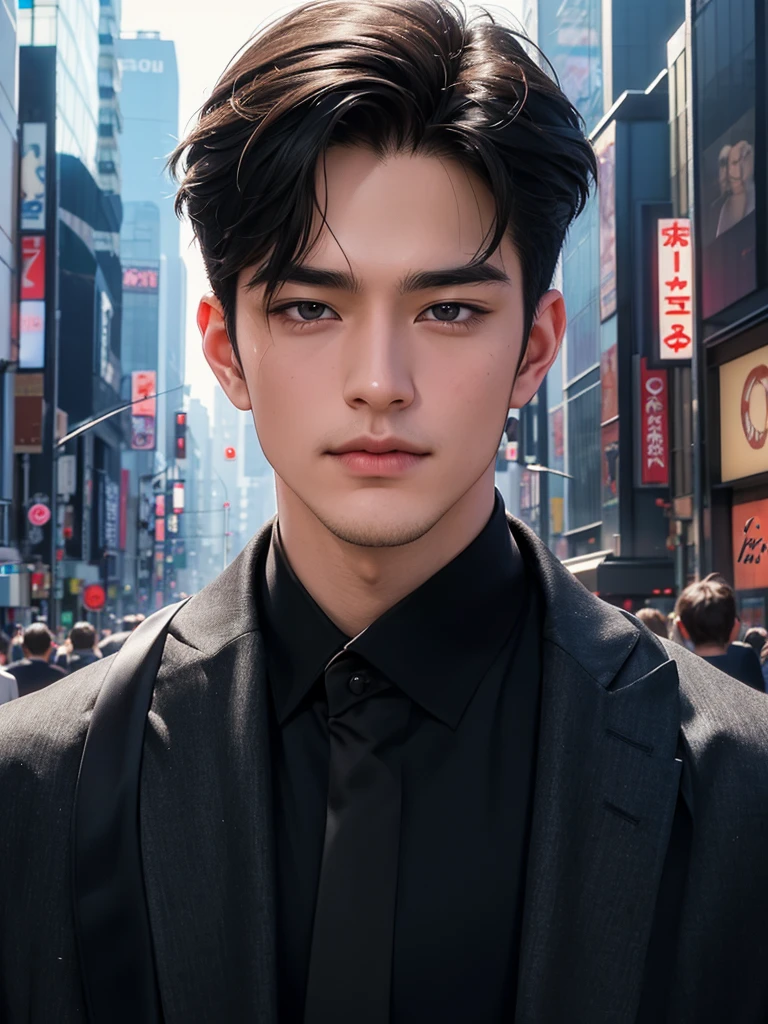 Photorealsitic, 8K Half Body Poster, a handsome, japanes, a 25-year-old man, A charming expression, detailed face details,TOKYOcty, buzzer, Shibuya in the background