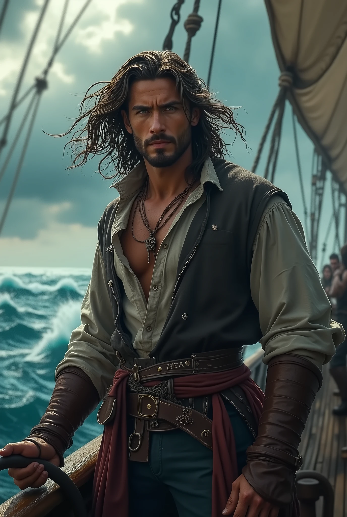 24 year old pirate, shoulder length hair, greenish eyes, skin tanned, Cao Cao, stark, striking face with defined jaw, unshaven beard