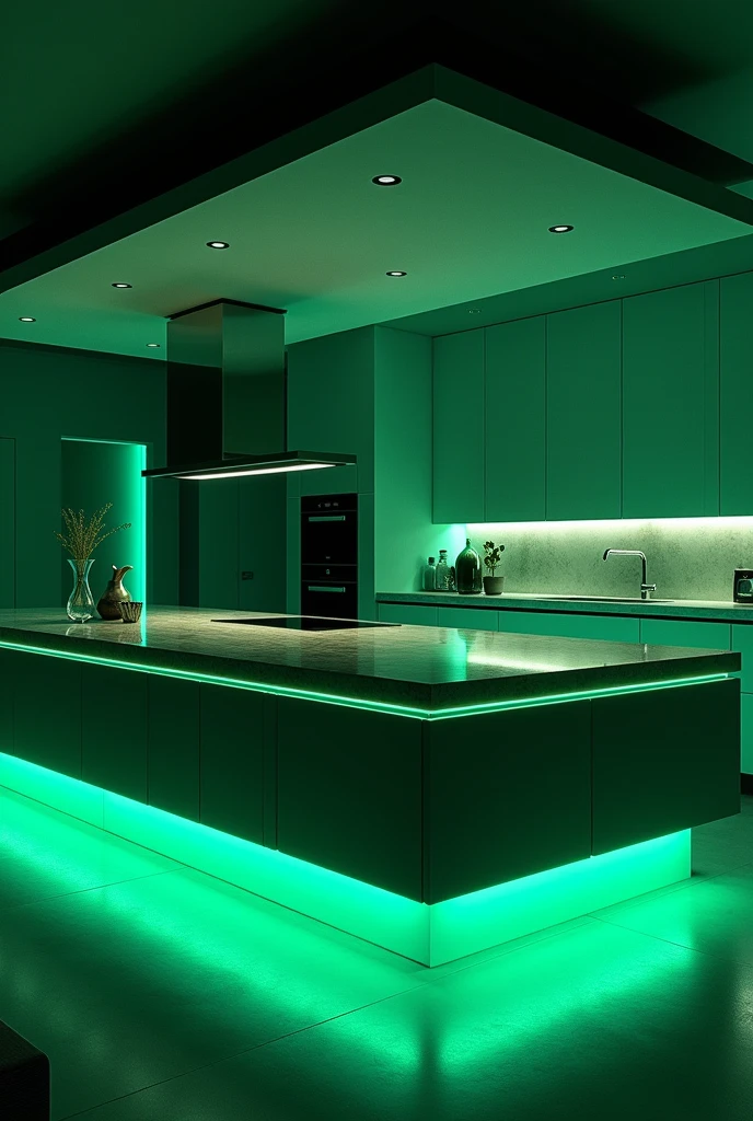 a modern kitchen, Luxurious and fully equipped, mysterious color, (best quality, 4k,8k,High resolution,Masterpiece:1.2),Super detailed,(reality,Real photo,ảnh reality:1.37),professional, advanced technology, sleek design, minimalist aesthetic, light of the future, floating island, smart home features, clean lines, Mysterious green tones as accents, neon accent, cinema corner, volumetric lighting, impressive ball