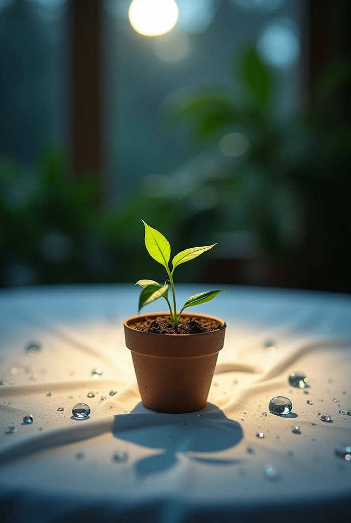 Make me a bean growing in a pot and make it look as real as possible Change the background make it like it is placed on a table with a white tablecloth Make the bean smaller so that it can barely be seen and I also want it at night