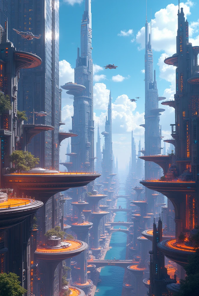 Create futuristic hyperrealistic works of art., Imagine a floating city in the sky., with complex architectural structures and advanced technology. Paint this futuristic city in great detail, Capturing the bright lights, Suspended platforms and flying vehicles that soar through the skies.  