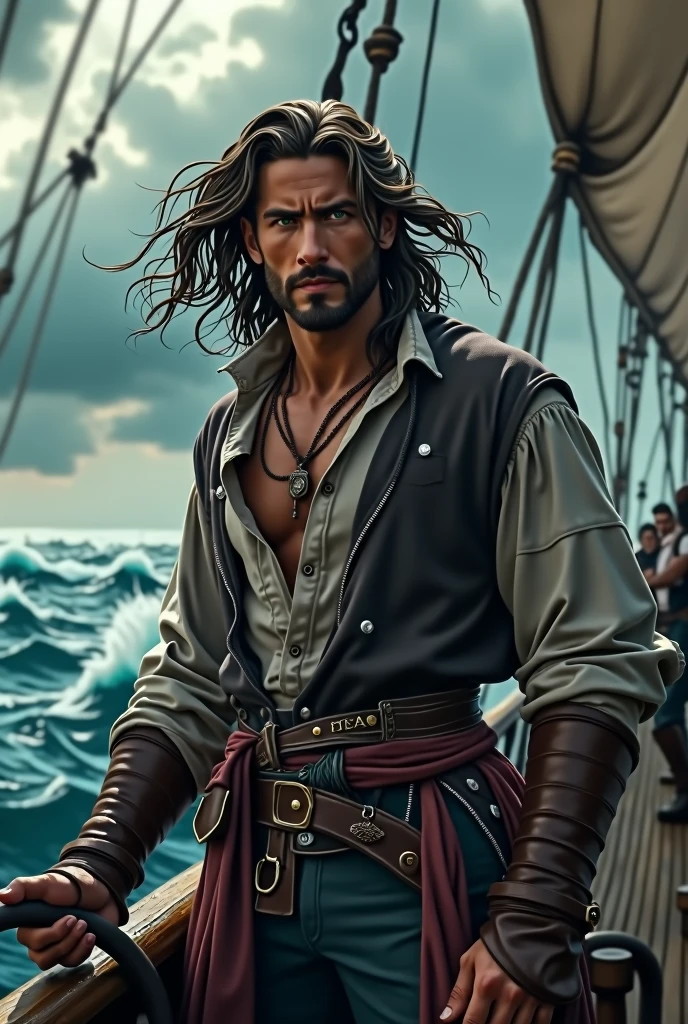 24 year old pirate, shoulder length hair, greenish eyes, skin tanned, Cao Cao, stark, striking face with defined jaw, unshaven beard 