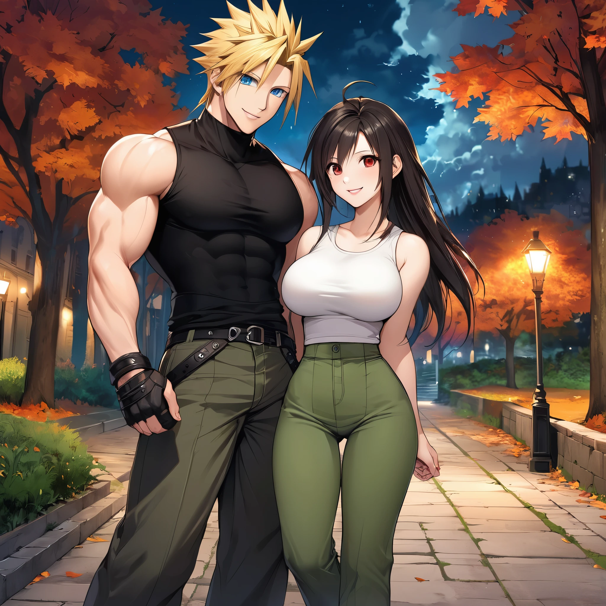 A man and a woman walking through the park at night, standing, autumn trees in place, (Man, Cloud_Strife, Final_fantasy_VII, wearing a casual black sleeveless shirt, muscular, blonde hair spiked, blue eyes, smiling, moss green pants , perfect face, perfect eyes), (A woman, Tifa_Lockhart, Final_fantasy_VII wearing tight black shirt, black skirt, exposed abdomen, straight black hair, long hair, red eyes, smiling, black shoes, exposed thigh, big breasts, perfect lips, face perfect), (just a man and woman couple), close view