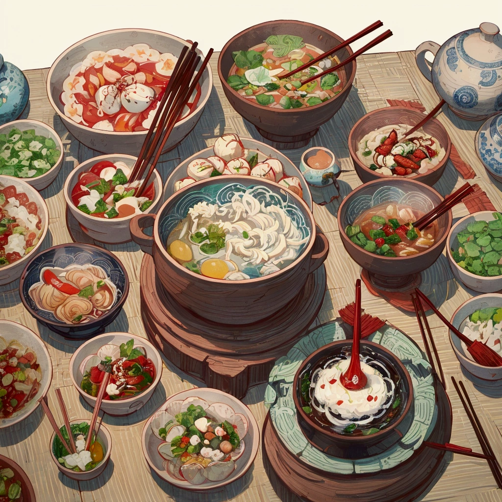 There are many bowls of food and chopsticks on the table, Amazing food illustrations, by Fei Danxu, author Jang Seung-eop, author Ryan Yee, author:Toth Wu, author:Ni Yuanlu, A beautiful artistic illustration, detailed 2d illustration, Adam Pinnacle, author Patrick Ching, author:Jason Benjamin, Very detailed illustrations