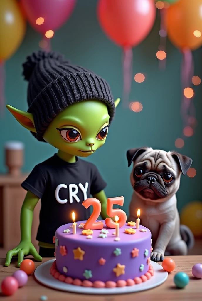 Small green male alien with a cute face whose ears cannot be seen, dressed in a black beanie and a black t-shirt with the name CRY on it and carrying a purple 25th birthday cake with realistic and intricate details, accompanied by a bald grey Egyptian cat and a pug dog
