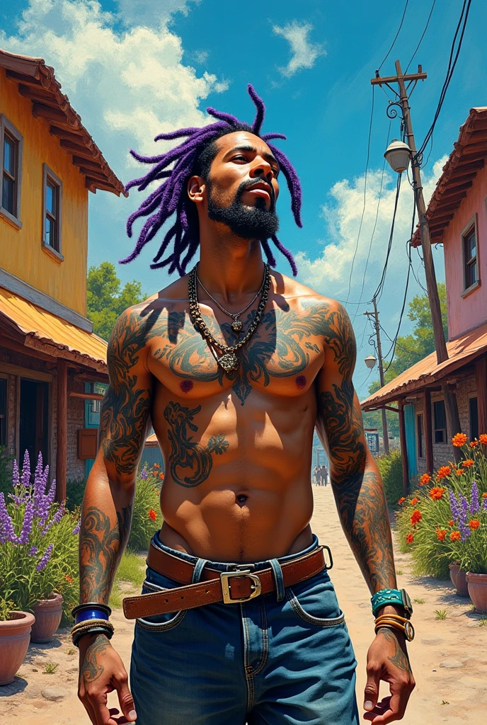 A trapper with small purple dred, shirtless with tattoos, it&#39;s stylish, at 22 years old without a beard, the United States singing, in town, do everything, even the trapper in the style of Van Gogh
