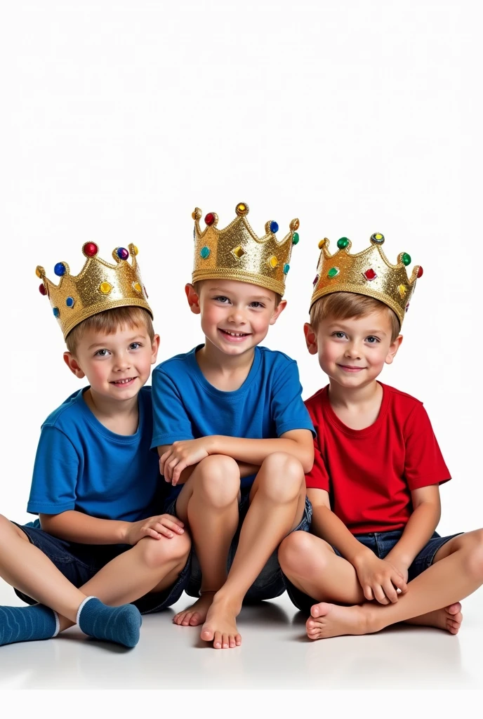 Image of boys with a crown sitting with their legs crossed and a completely white background?