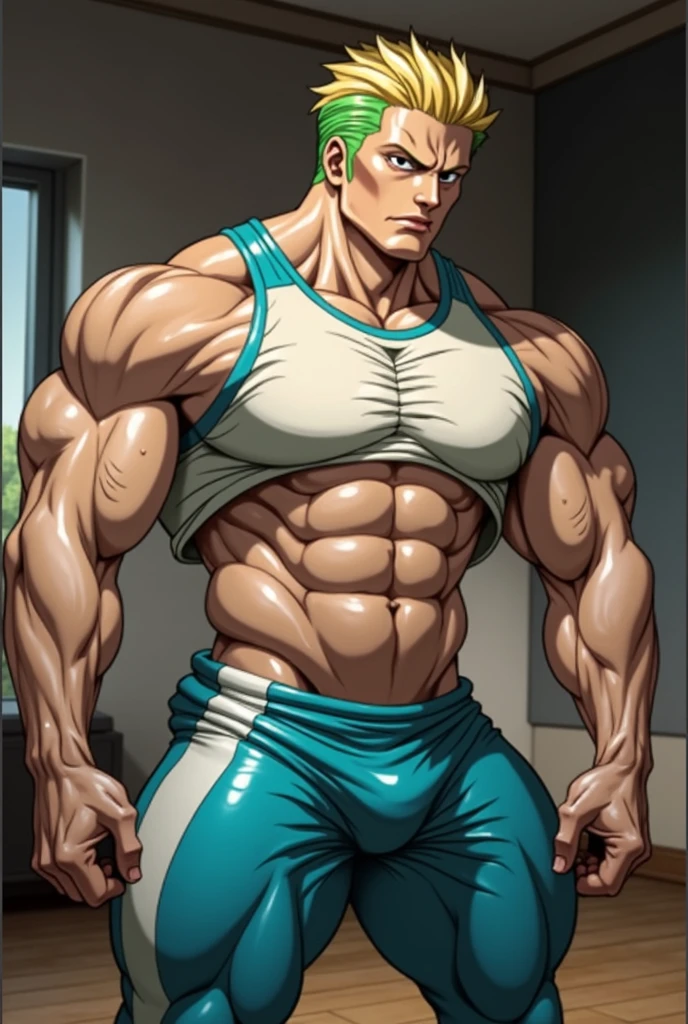 Roronoa Zoro and Sanji from One Piece in a gym working out with dumbbells as they are hypnotized to be big dumb lumbering meathead bodybuilder jocks with hefty crotch bulges and assimilate with the rest of the people in the gym as they stare blankly with open mouths and unfocused eyes repeating hypnotic mantras to fall deeper into trance and be more and more like jocks. Anime. Animated. Sweaty. Bro. Hypnosis. Hypno. Hyper muscles. Hyper traps. Hyper biceps. Hyper triceps. Hyper lats. Broad shoulders. Hyper meaty thick giant pecs. Hyper bulging crotch. Hyper round glutes. Hyper deltoids. Repeating mantras dully in trance as they grow and assimilate to become massive muscled bodybuilder gym bros. "Pump one. Pump two. We're big dumb jock bros through and through. Pump three. Pump four. Drop jaws and smarts down to the floor. Pump five. Pump six. Meat fills our heads and bulging dicks. Pump seven. Pump eight. Grow big and dumb. Assimilate. Pump nine. Pump ten. Repeat ... obey ... and start again...." Brainwash. Brainwashing. Conditioning. musclehead. Meathead. Dumb bodybuilder jock assimilation. Gym rat. Gym culture. Hypnotic reinforcement. Hypnotic trance. Entranced. Bro talk.