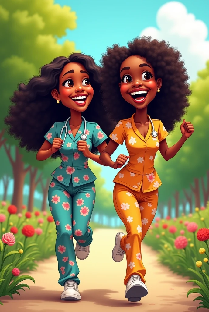Black Woman Caricature, long curly hair down to the butt, Round face. Another black woman with curly hair down to below her breasts. They are running in a park and are dressed as nurses. 