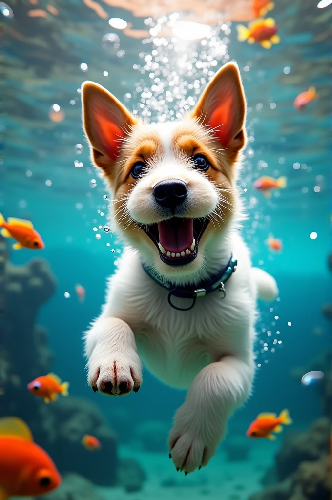Wire fox terrier big face underneath the water big smile